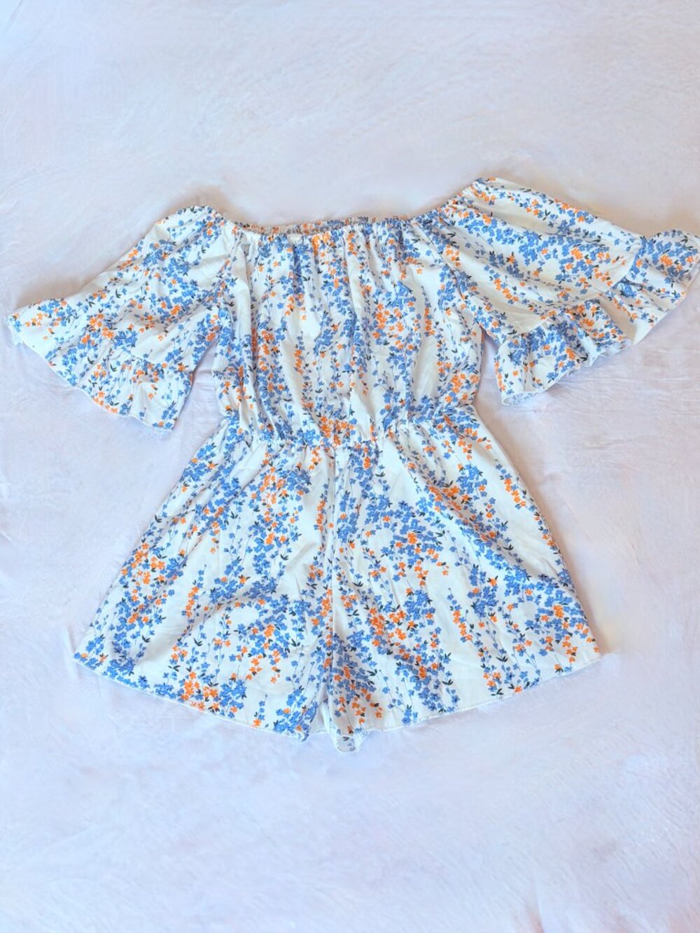 SHEIN Off Shoulder Flutter Sleeve Romper Blue Orange and White Floral Size L